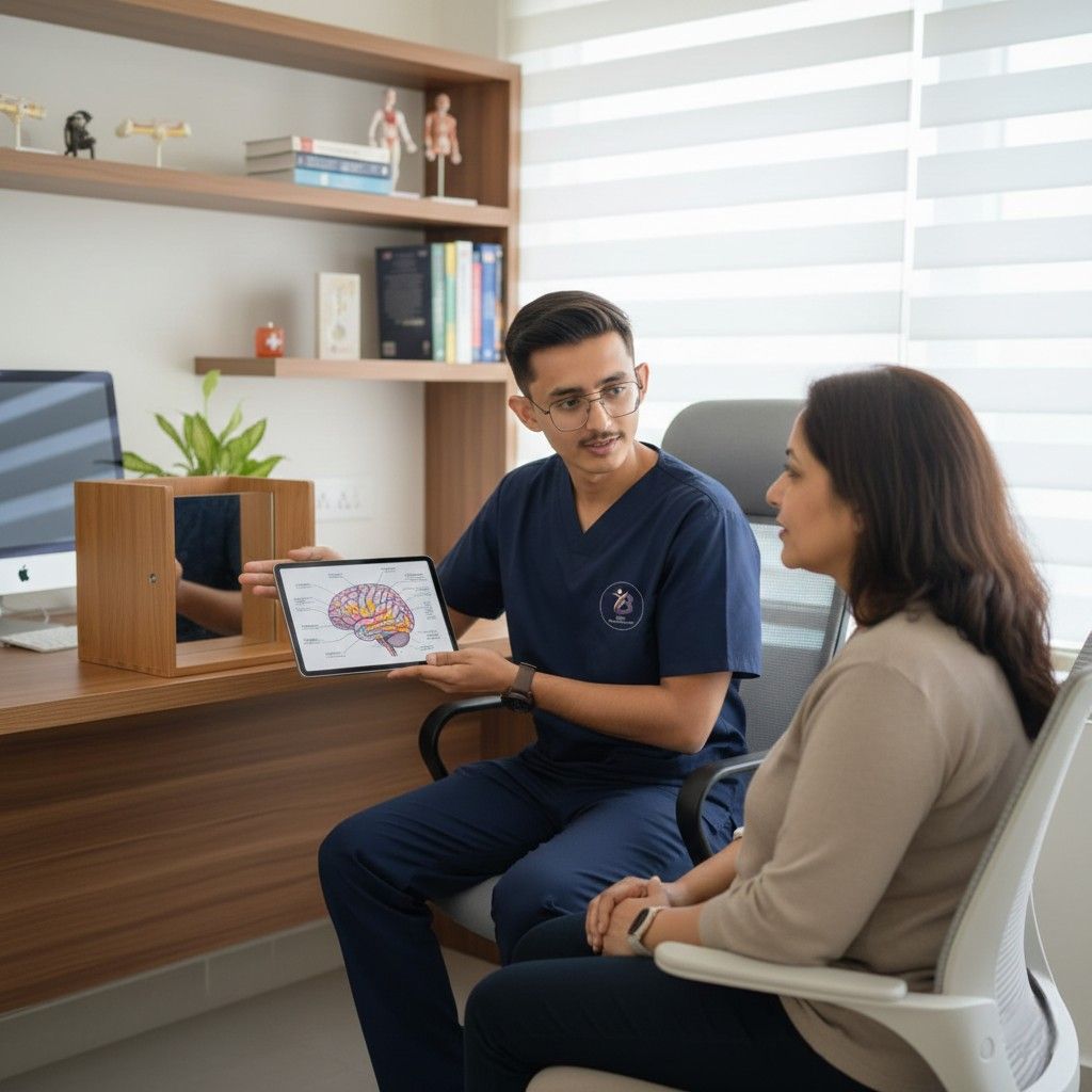 Dr. Kanaiya explaining brain rehabilitation concepts and mirror therapy benefits to patient during consultation