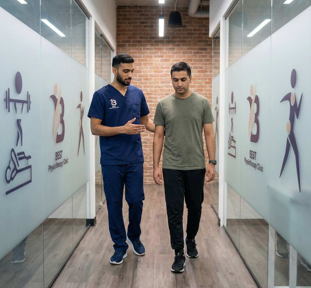 Physiotherapist assisting patient with breathing and walking training to enhance cardio-respiratory endurance.