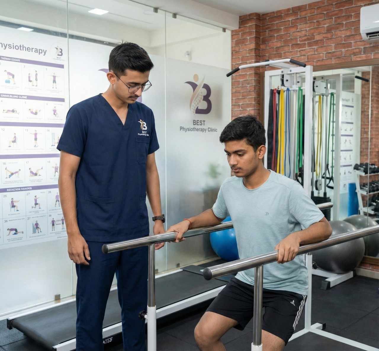Patient practising assisted gait training in parallel bars during post-operative leg rehabilitation.