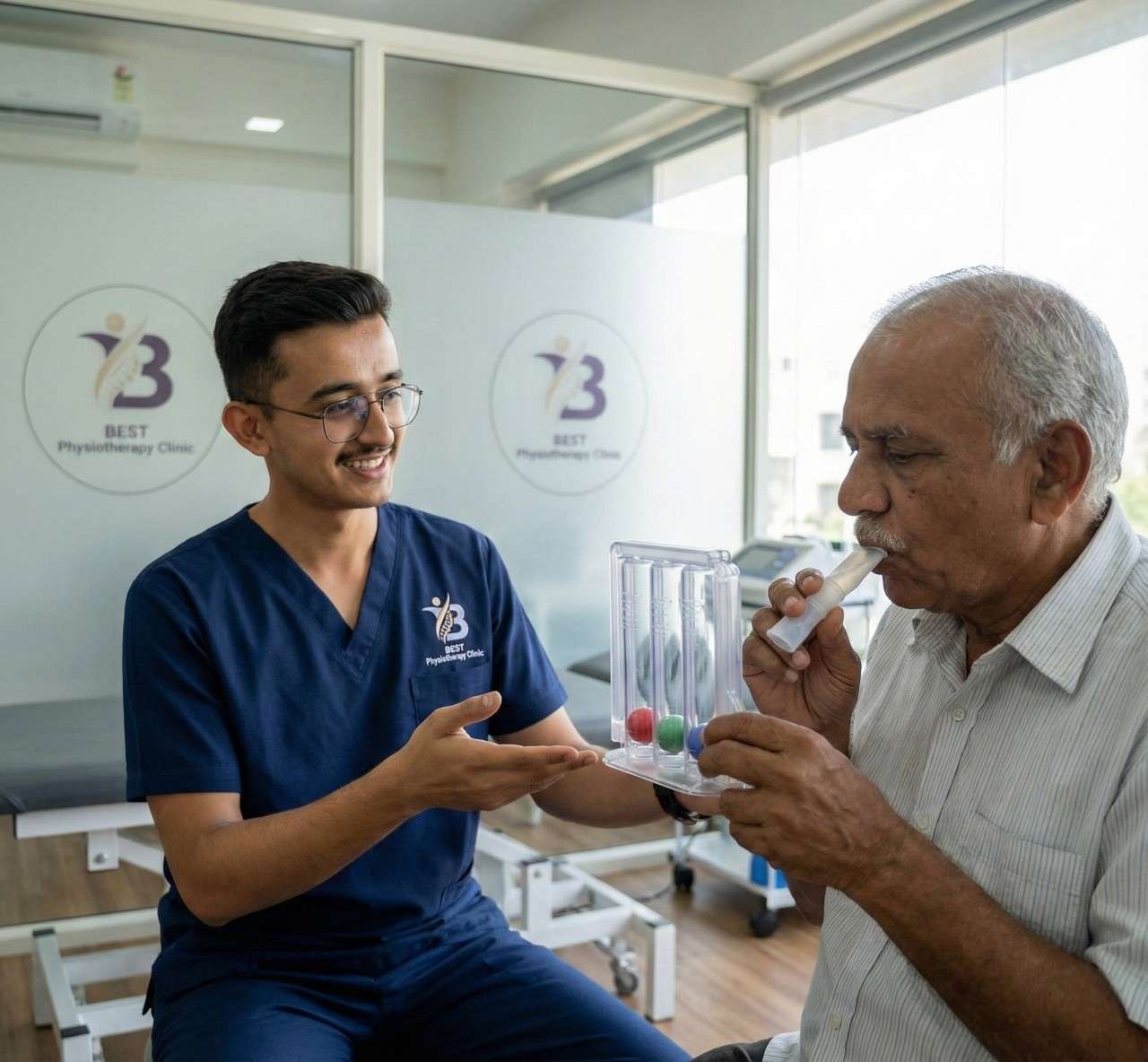 A physiotherapist is guiding an elderly patient in using an incentive spirometer to enhance lung capacity.