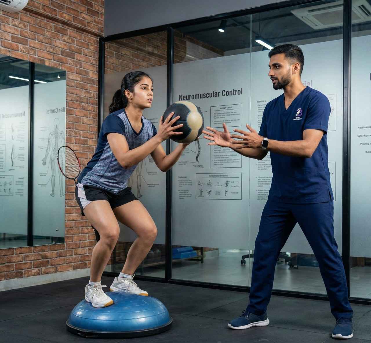 Female athlete training balance and core stability on a BOSU ball after sports injury.