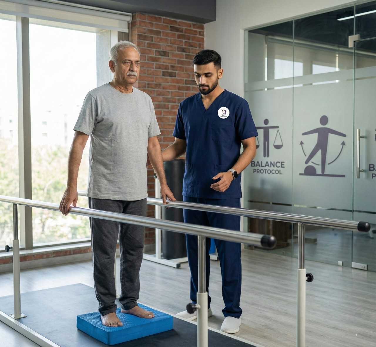 Physiotherapist helping an older man with balance training on a soft mat using parallel bars.
