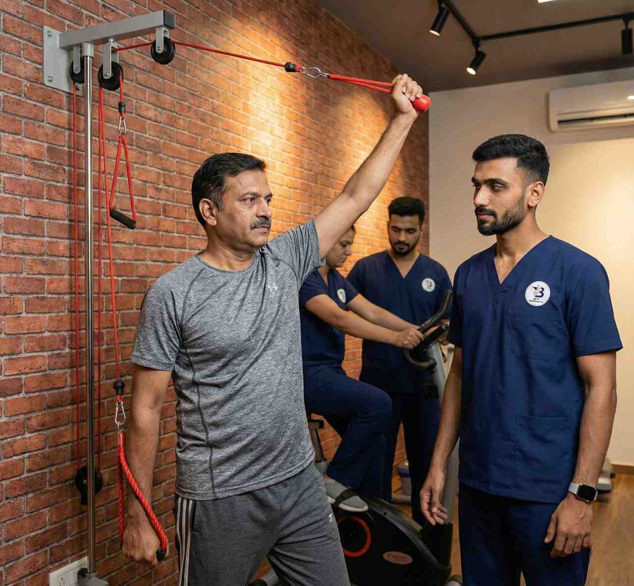 Patient performing shoulder rehabilitation exercises under physiotherapist supervision in Ahmedabad