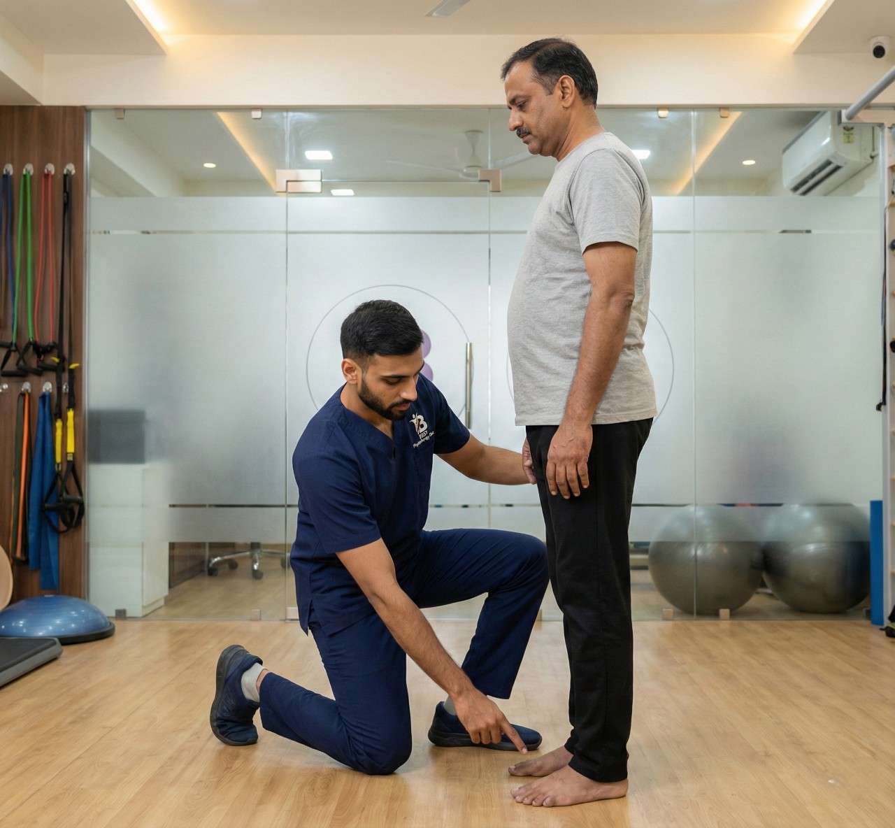 Physiotherapist performing gentle range of motion exercises and manual therapy on a patient's hip post-replacement surgery