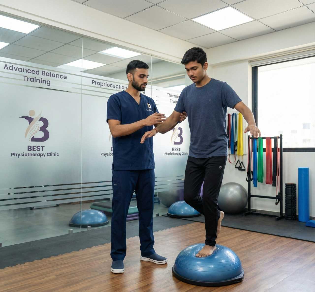 PCL Reconstruction patient performing advanced balance and proprioception training on a BOSU ball for knee stability