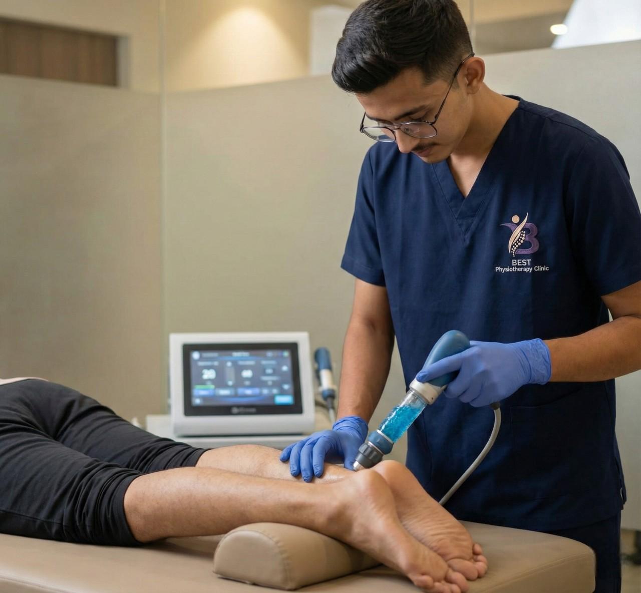 Physiotherapist using advanced Shockwave therapy for a patient's ankle injury at the clinic.