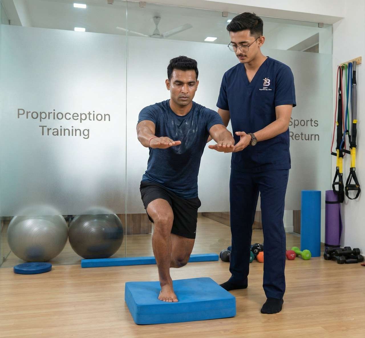 Physiotherapist explaining knee joint anatomy and arthroscopy rehab protocols to a patient using a medical model