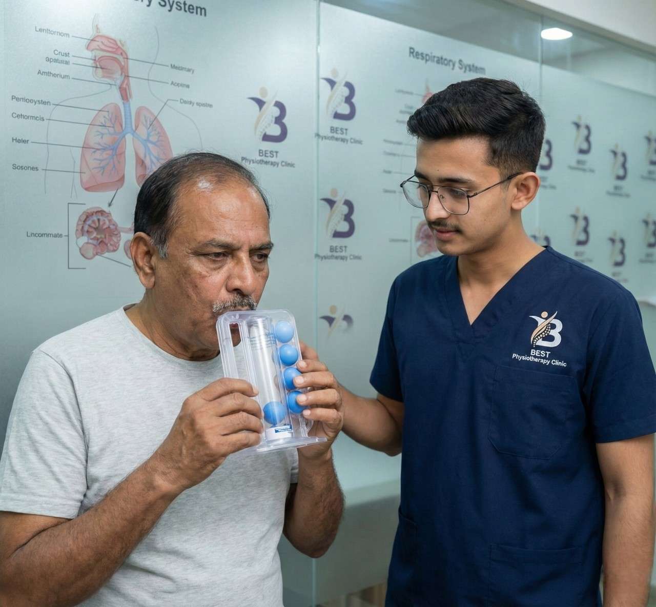 Patient using an incentive spirometer for respiratory physiotherapy after heart surgery
