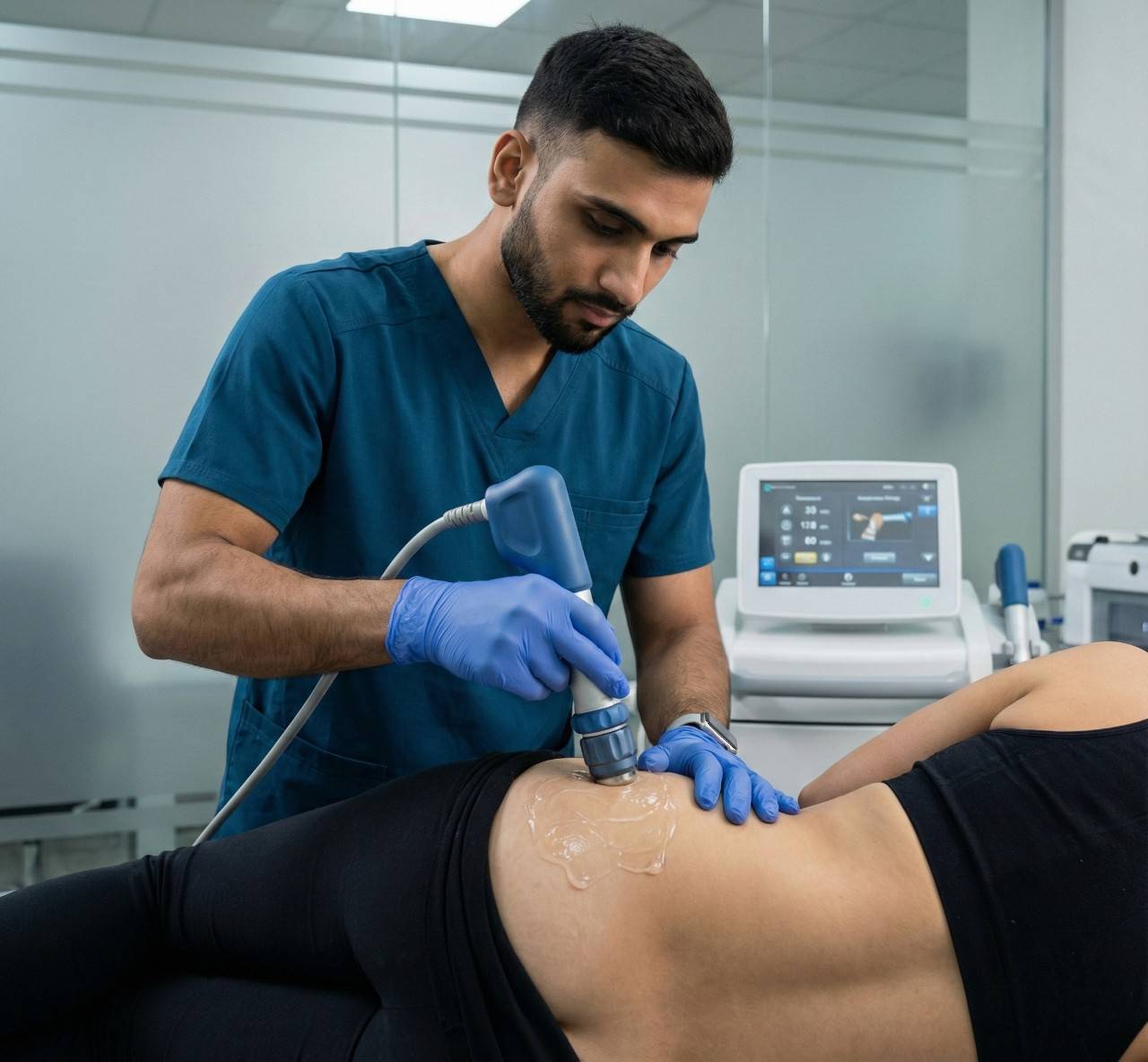 A physiotherapist performing shockwave therapy on a patient's lower back or hip condition.