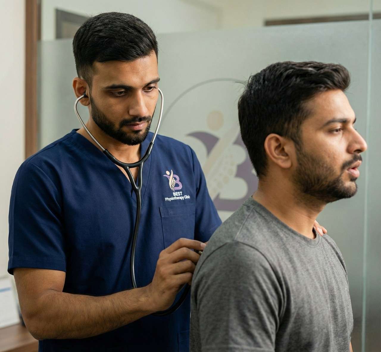 Physiotherapist monitoring blood pressure and vital signs for a bronchitis patient before starting exercise or therapy