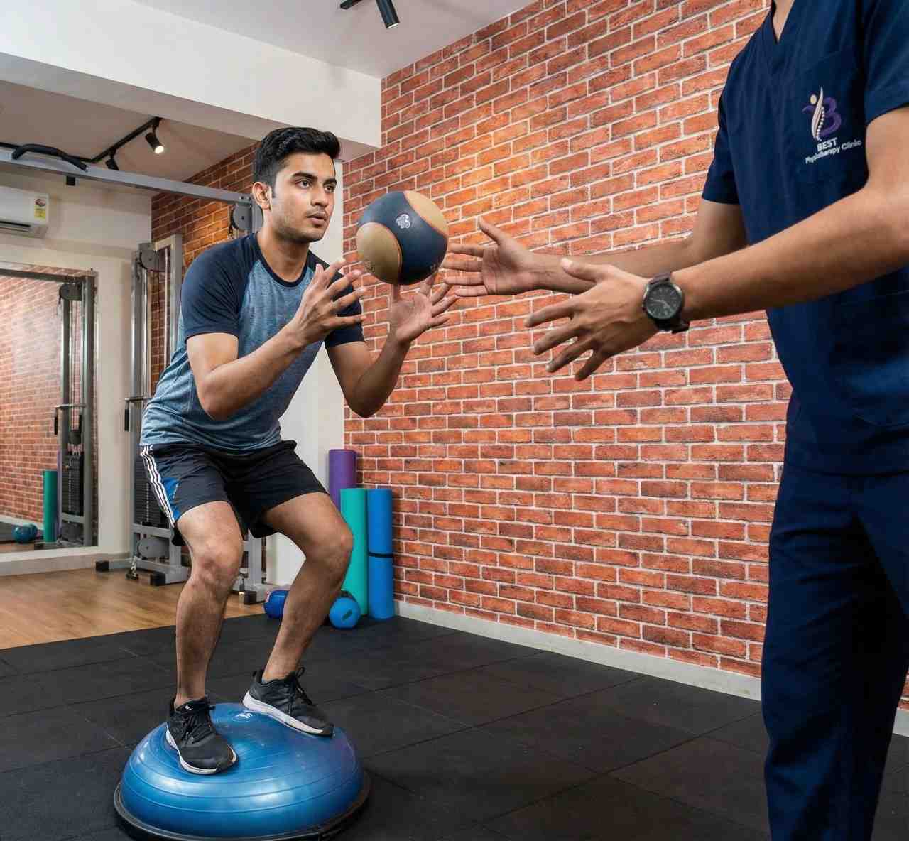 Athlete performing squats on a BOSU ball for coordination and core strength in Bopal Clinic.