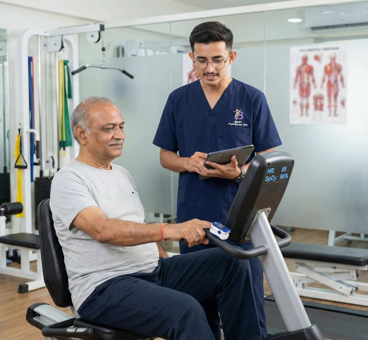 COPD patient performing endurance exercise on a stationary bike while heart rate and SpO2 are monitored during pulmonary rehab