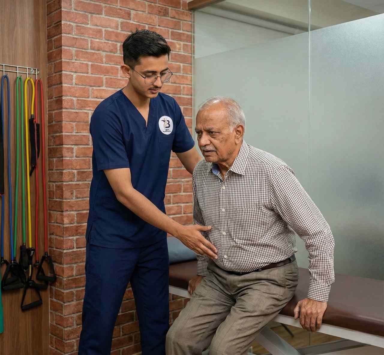 Physiotherapist Dr. kanaiya helping an older man practice balance training on a soft mat in parallel bars.