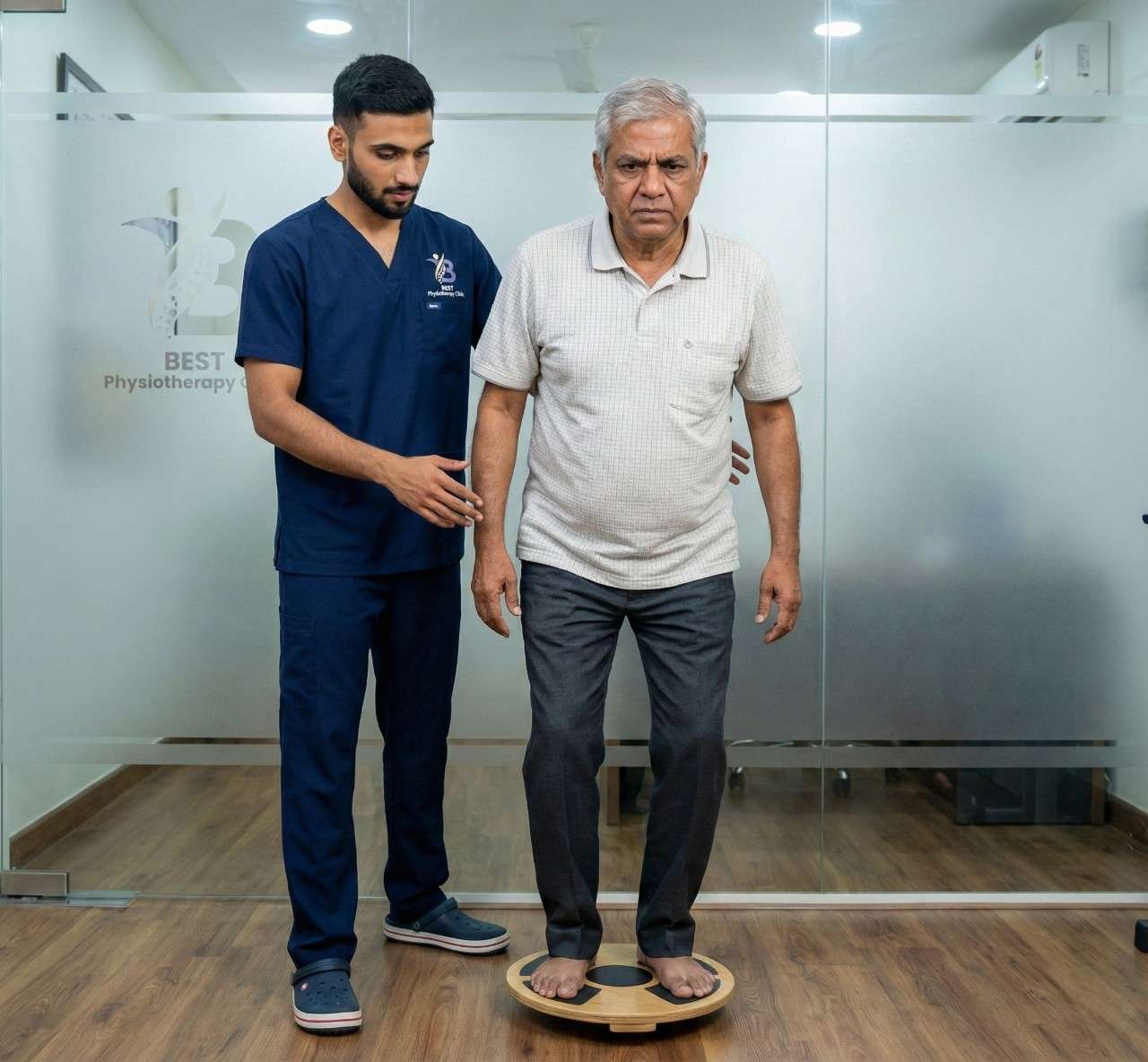 Physiotherapist guiding older man balancing on a wobble board for age-related balance improvement.