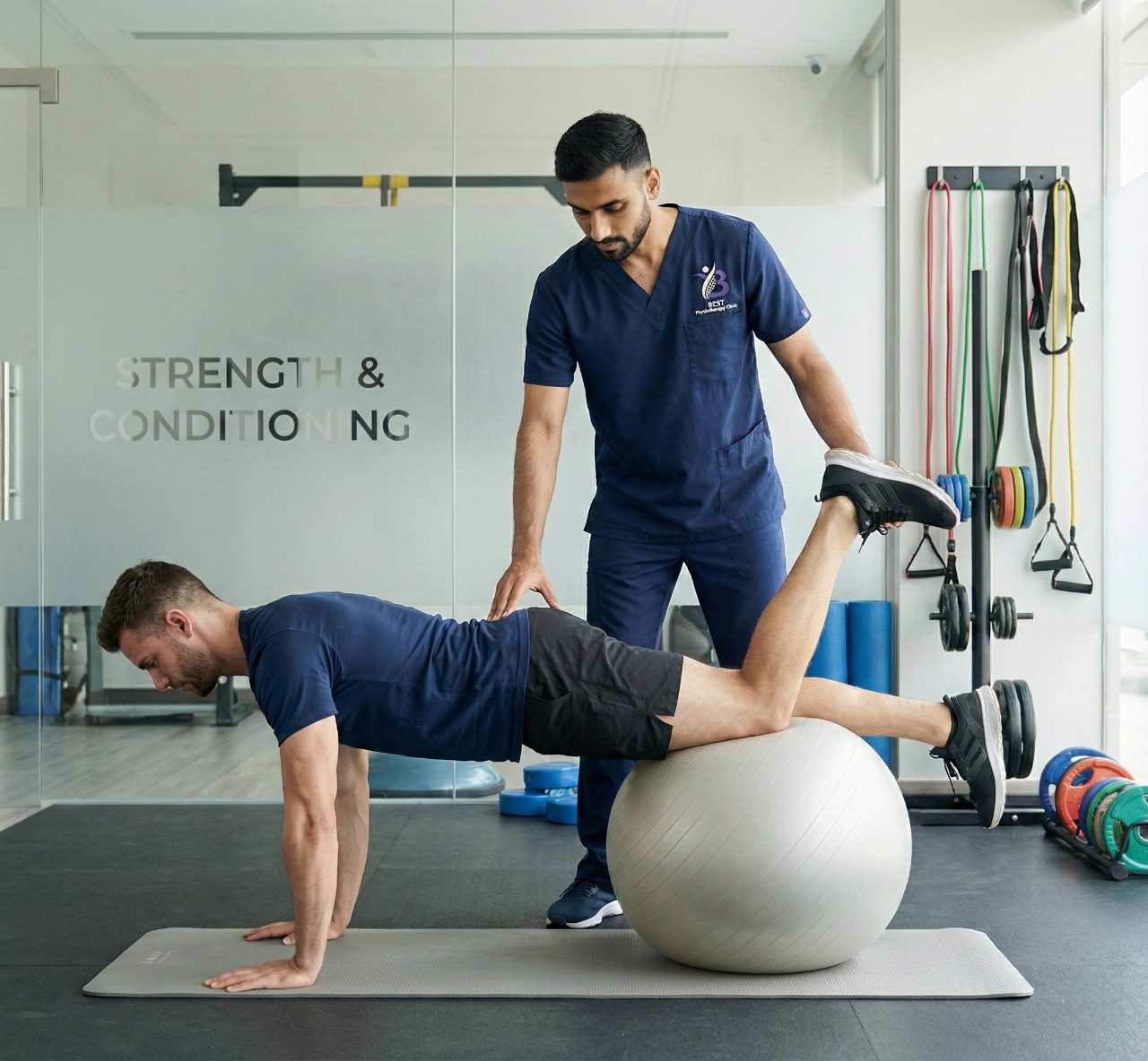 Athlete performing core and leg strengthening on a stability ball for muscle strain rehabilitation.