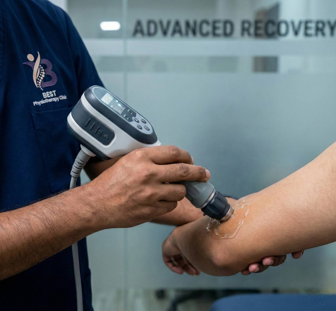 Physiotherapist applying Shockwave Therapy (SWT) to the elbow for chronic Tennis Elbow.