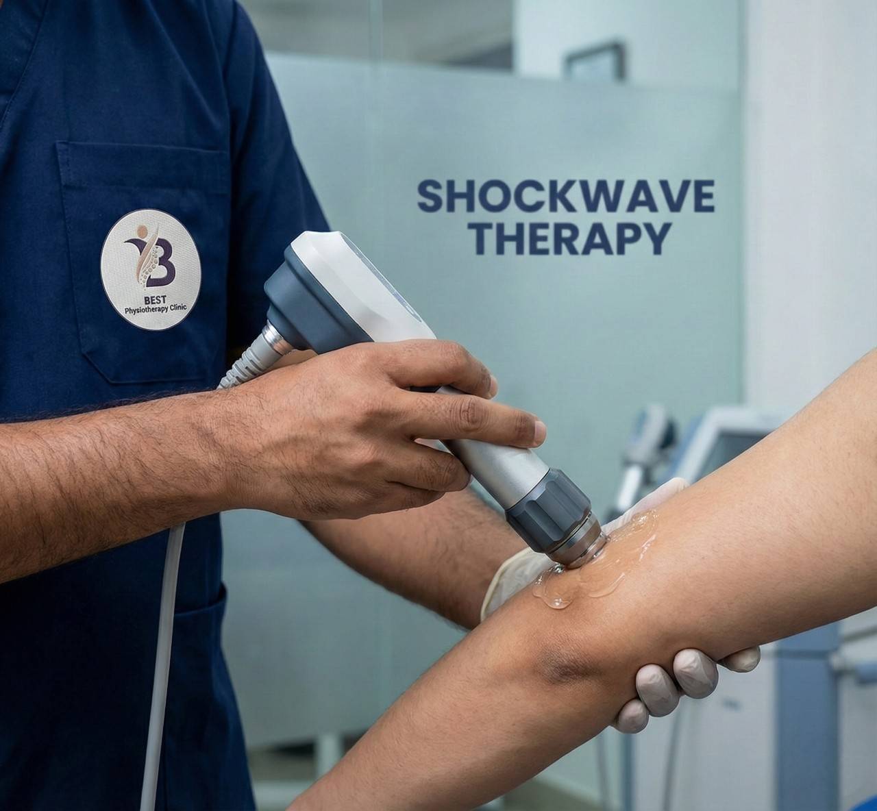 Physiotherapist treating Golfer's Elbow with Shockwave Therapy for tendon healing and pain relief.