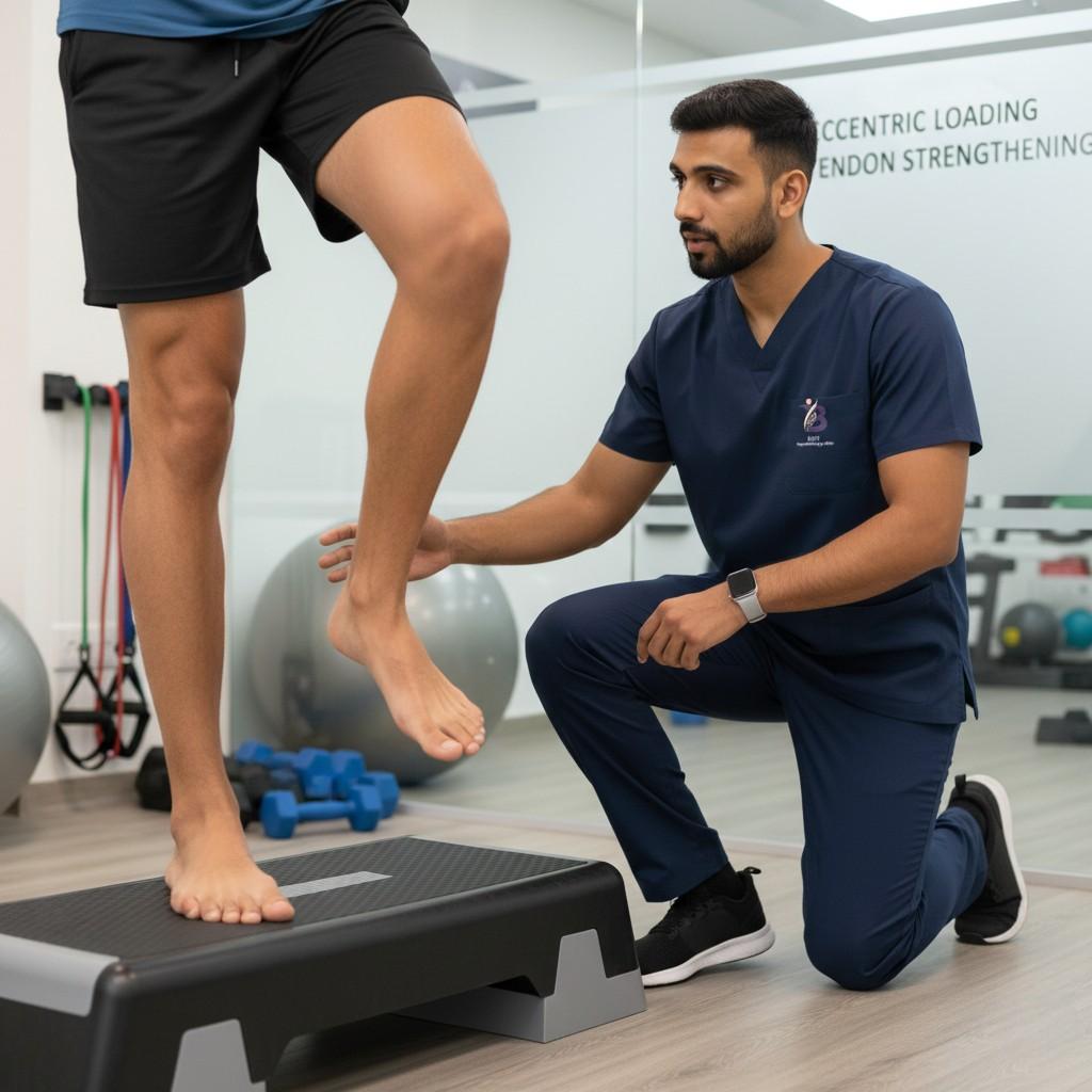 Patient performing eccentric loading dumbbell curls for tendon strengthening and overuse recovery.
