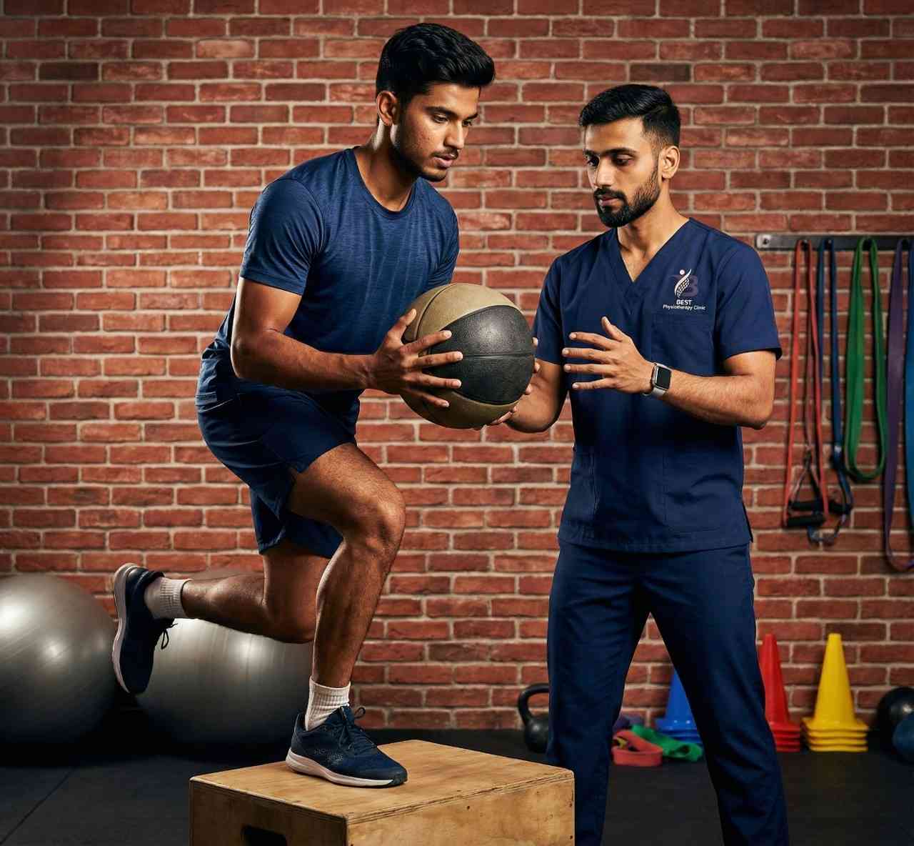 Young man doing a step-up exercise with a medicine ball for functional strength.