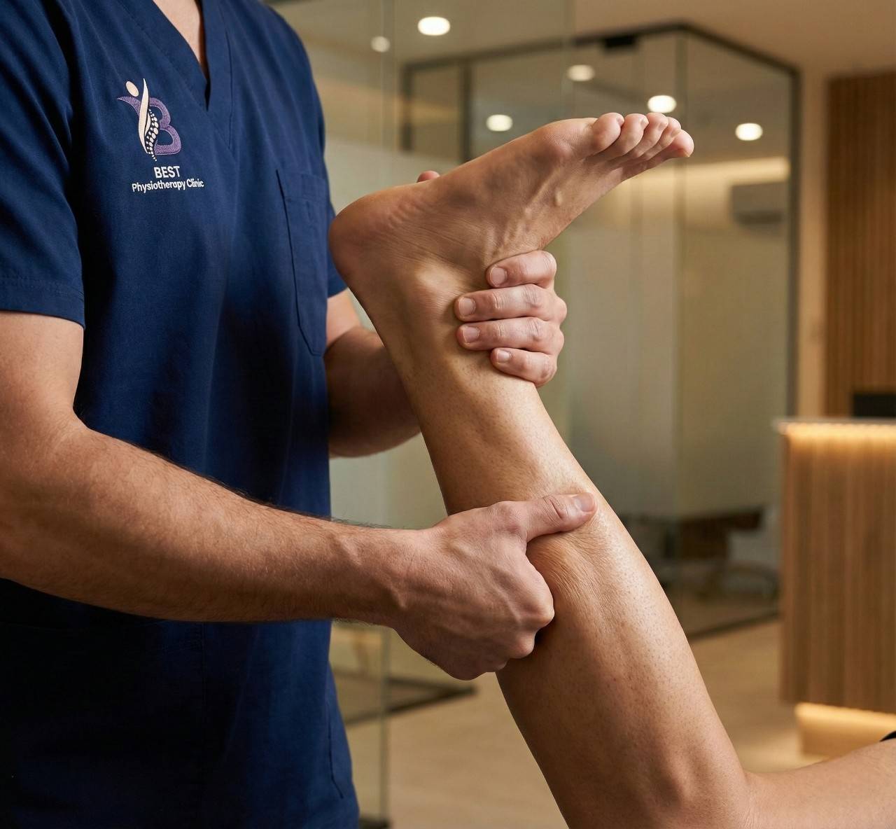 Manual therapy leg mobilization performed by physiotherapist for improved lower-limb flexibility.