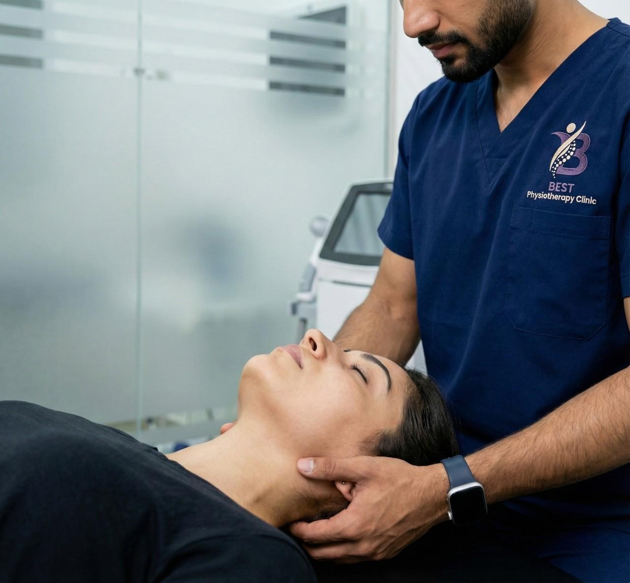 Manual trigger point neck therapy performed by physiotherapist for muscle tension.