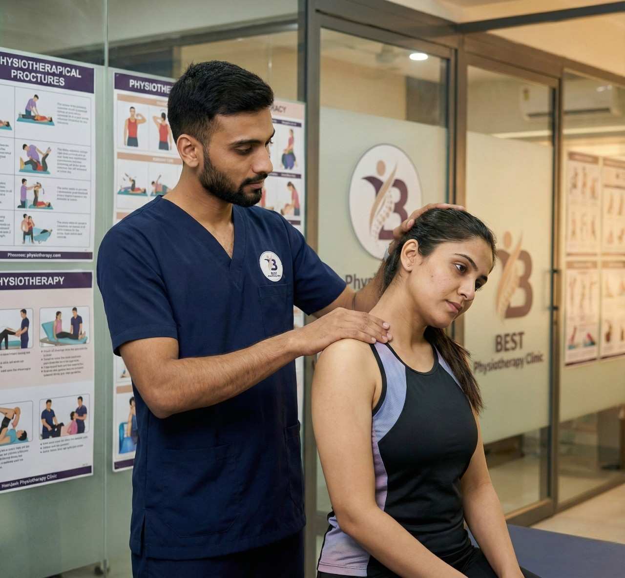 Physiotherapist guiding patient through gentle neck stretching to reduce muscle tightness.