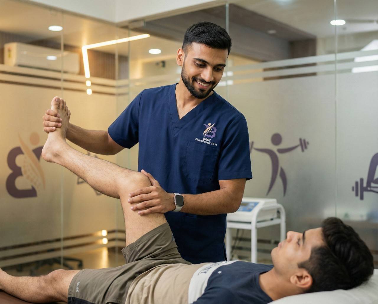 Physiotherapist providing leg range of motion stretching therapy at a physiotherapy clinic in Bopal, Ahmedabad