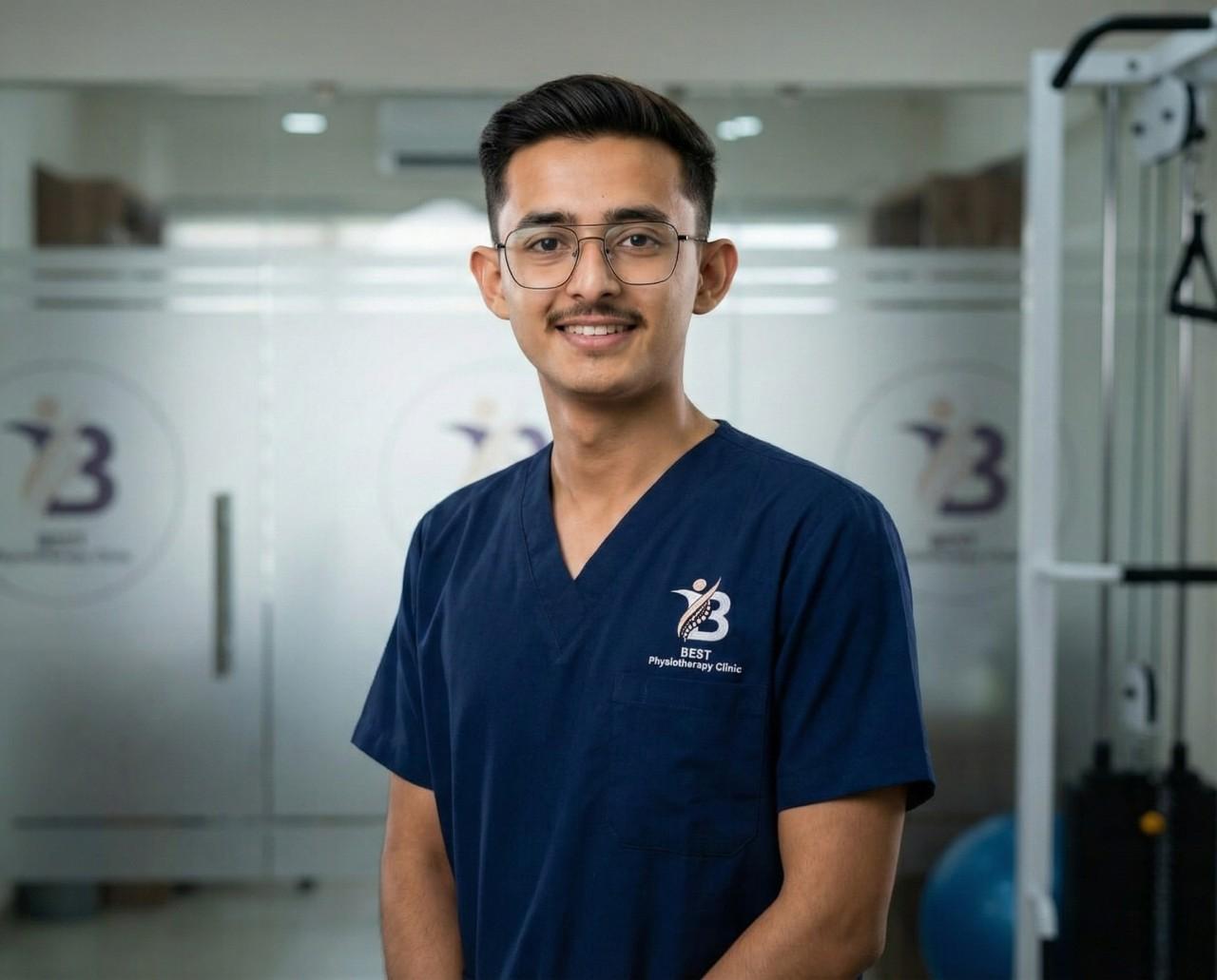 A professional physiotherapist Dr. Kanaiya smiling confidently inside a modern clinic offering TENS therapy.