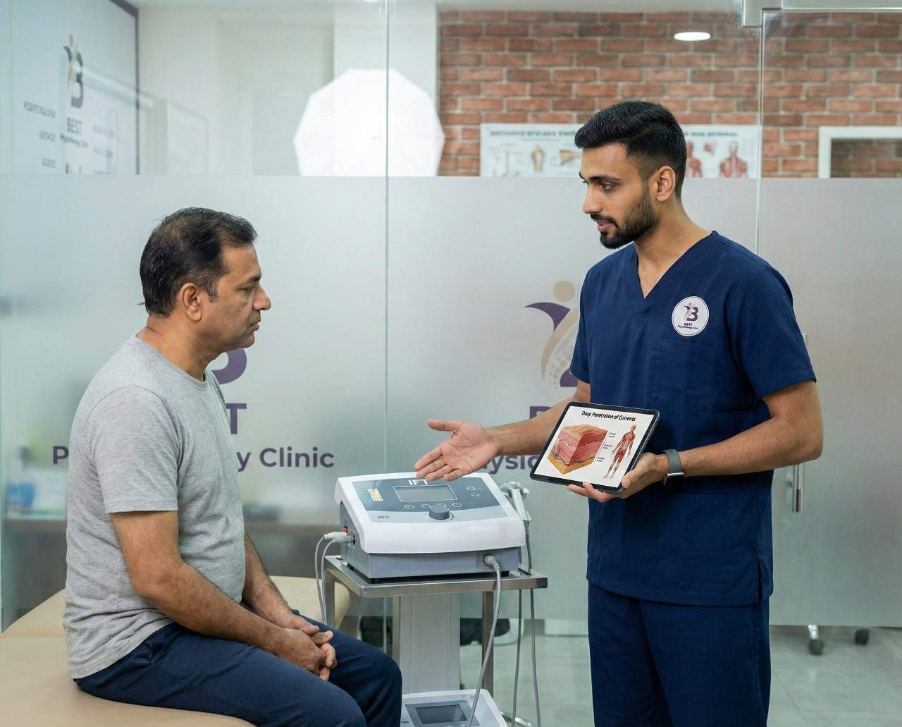Physiotherapist explaining interferential therapy benefits to patient using digital chart.