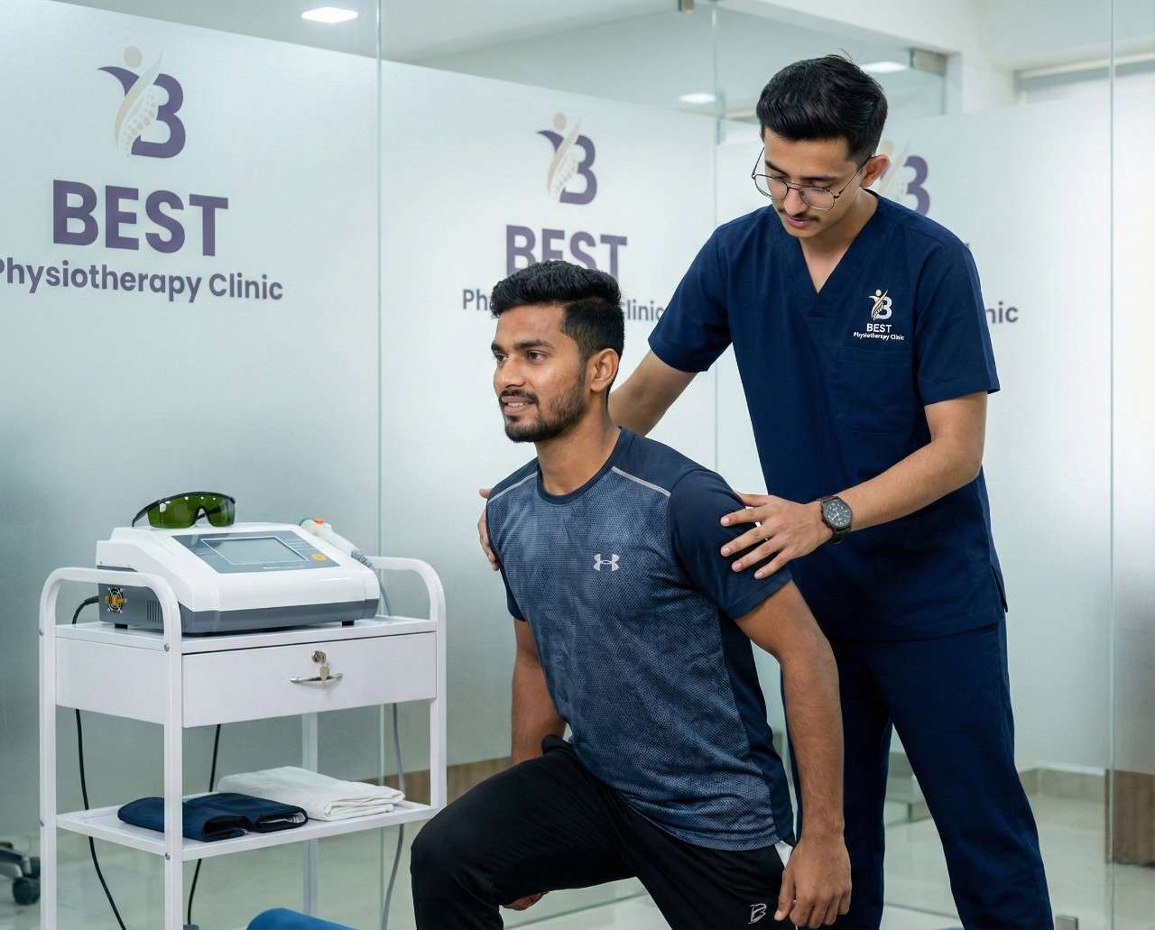 Dr. Kanaiya assisting patient with movement exercises after receiving laser therapy treatment in Bopal clinic