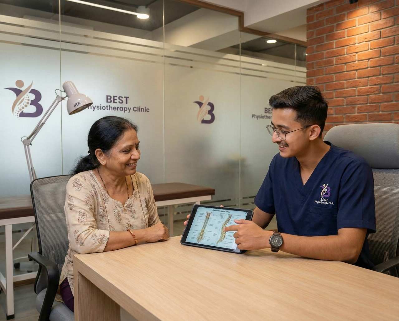 Physiotherapist Dr. Kanaiya explaining spine health and treatment plan to patient using digital chart in Clinic Bopal ahmedabad
