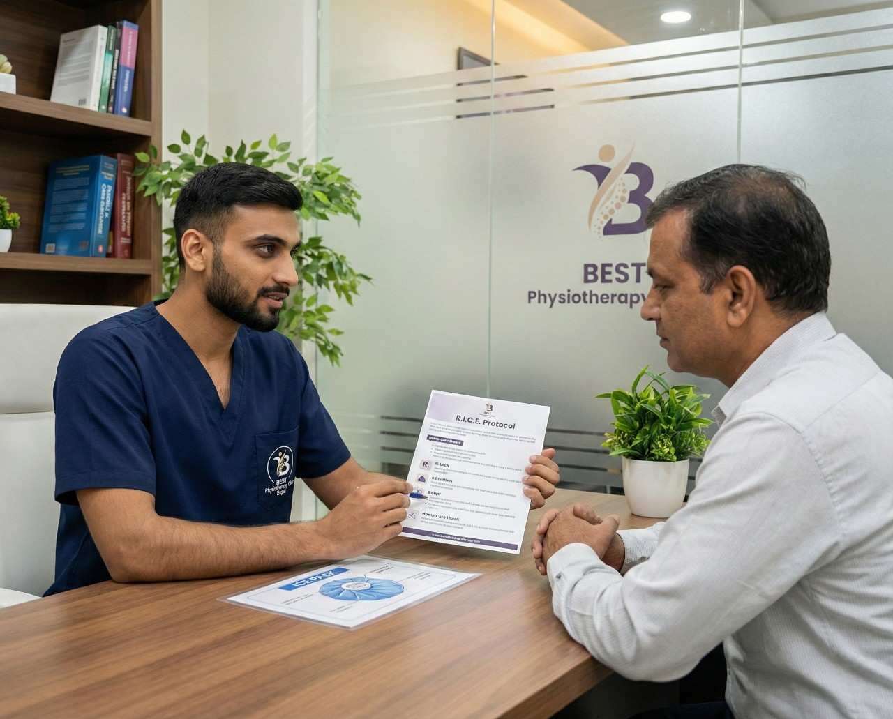 Physiotherapist Dr. Sagar explaining R.I.C.E. cryotherapy protocol to patient during consultation session in Bopal Clinic