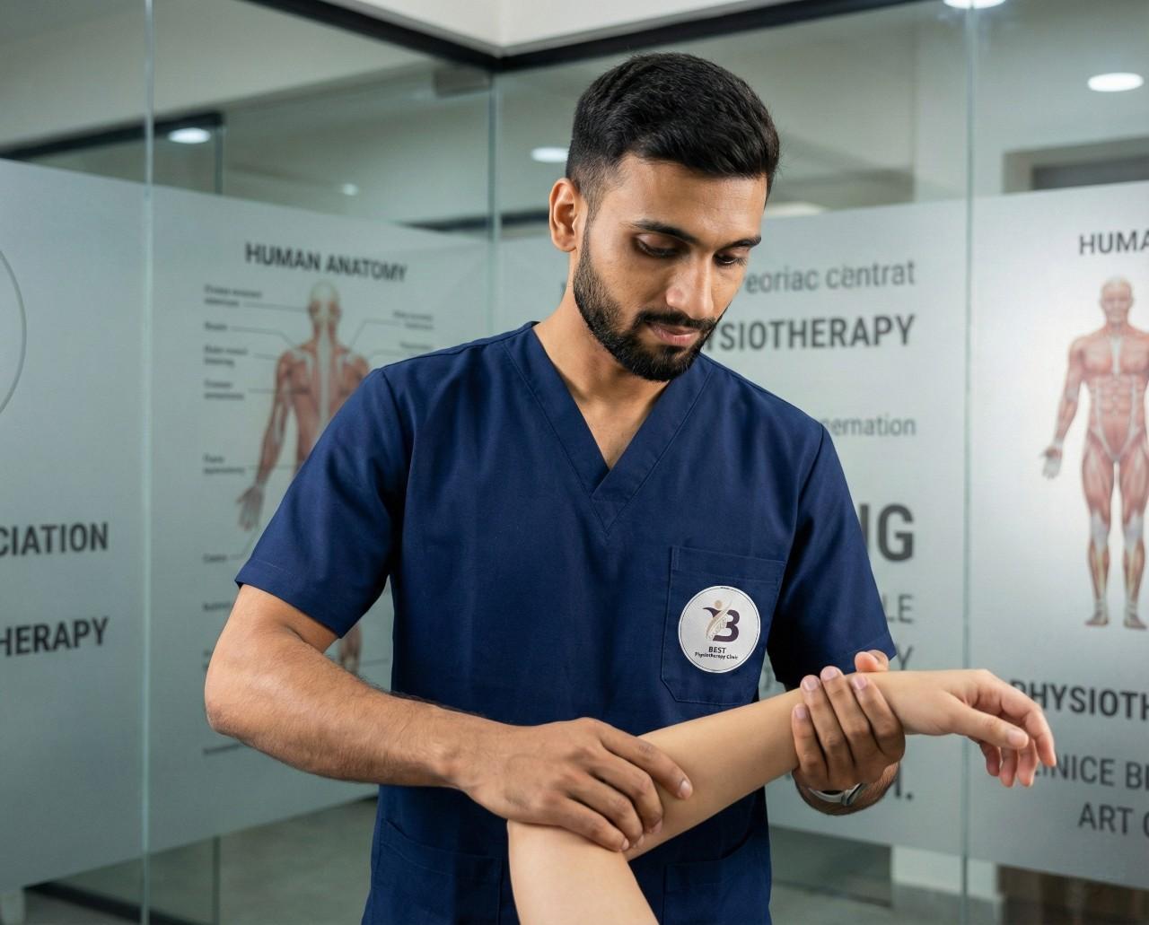 Dr. Sagar applying Bobath upper-limb facilitation techniques to improve arm coordination and function in clinic Bopal Ahmedabad.