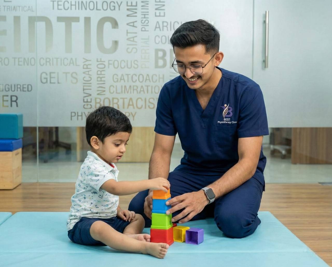 Child engaging in sensory integration fine-motor activity with a physiotherapist using colourful stacking blocks.