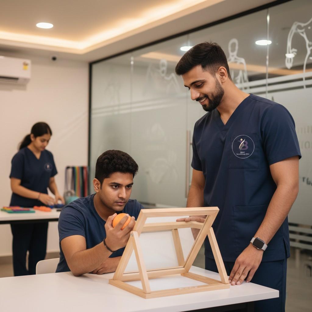 Physiotherapist supervising mirror therapy task as patient practices functional movement with visual feedback