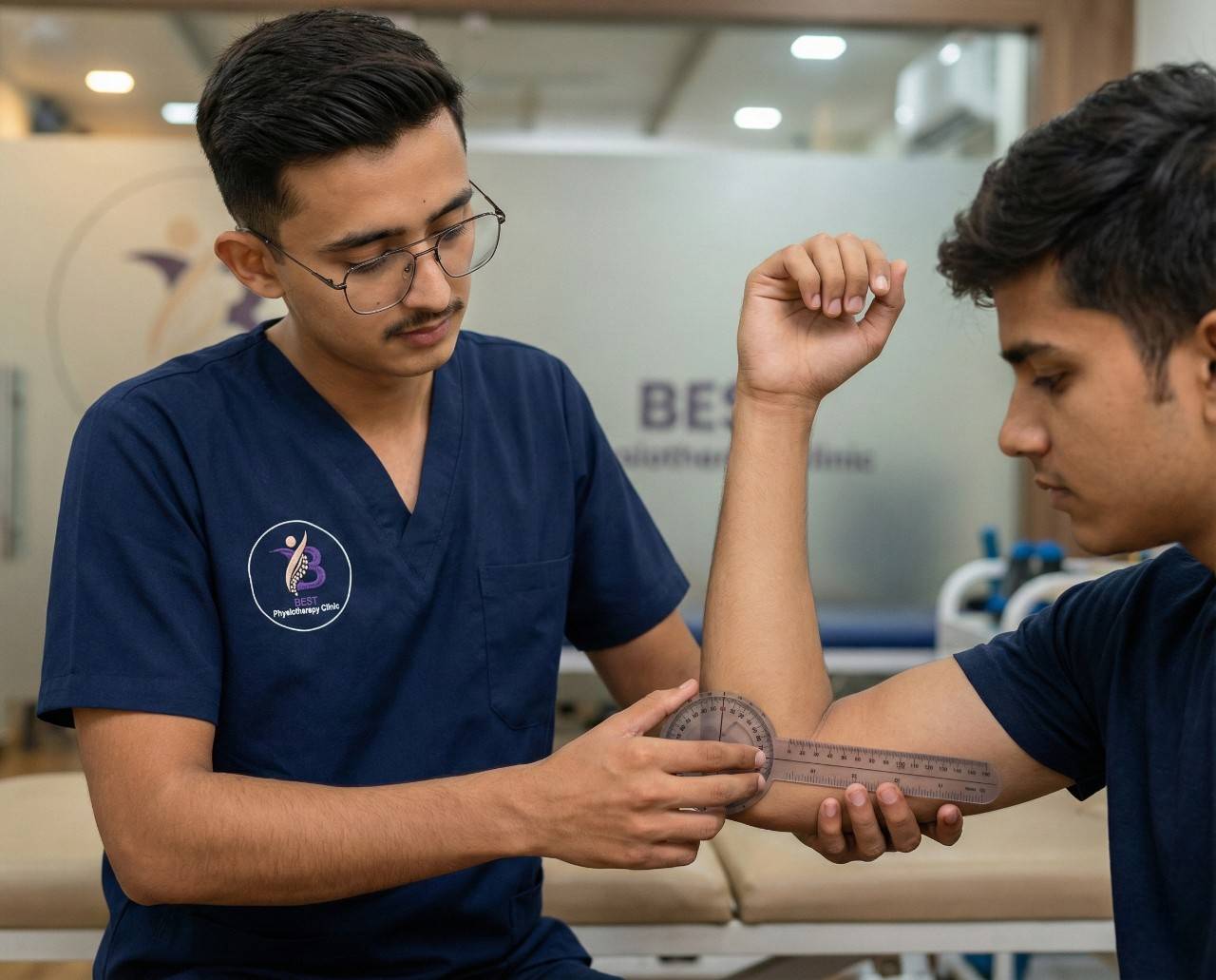 Dr. Kanaiya measuring the elbow range of motion exercise in Bopal, Ahmedabad