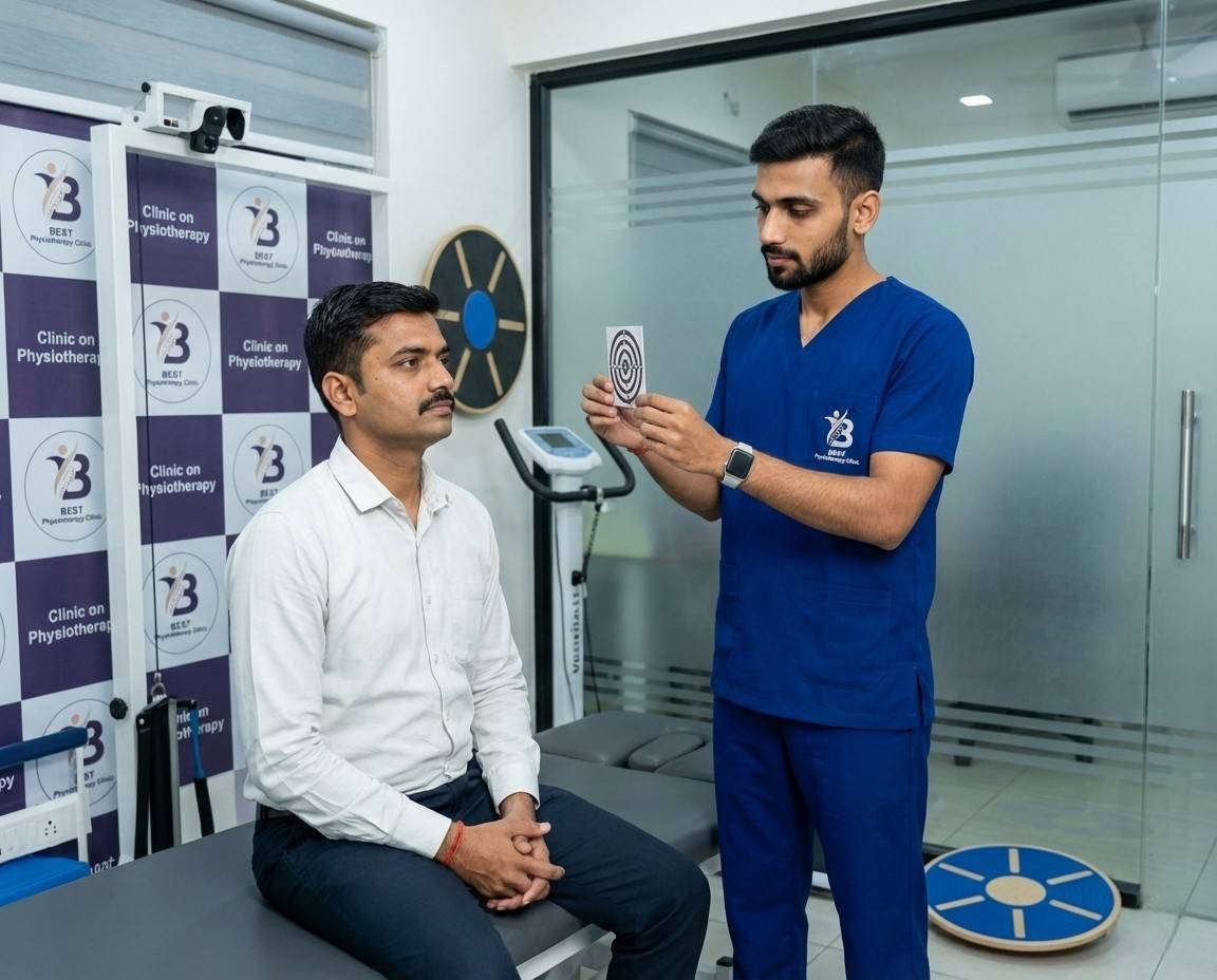 A physiotherapist is conducting gaze stabilisation exercises for vestibular rehabilitation to improve visual focus.