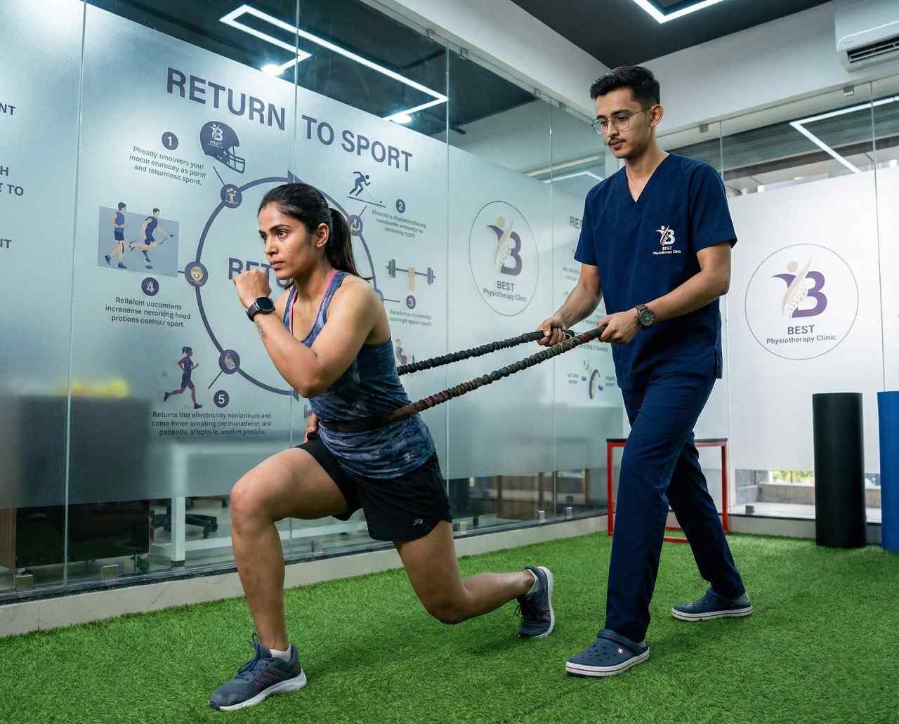 Athlete performing resistance training and lunges as part of post-surgical return to sport.