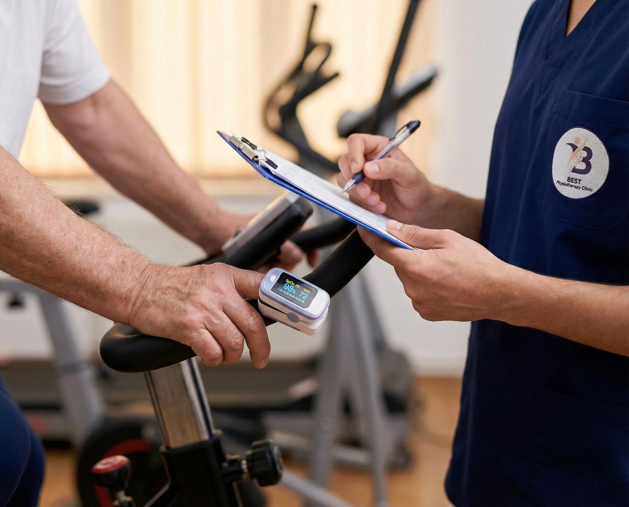 Physiotherapist records vitals and progress during cardio endurance training for pulmonary health