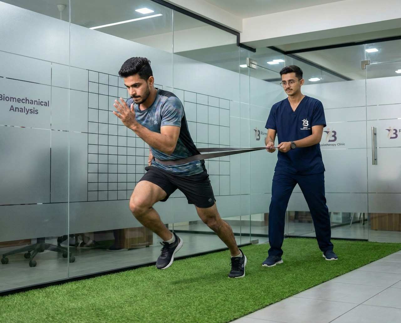 Athlete performing a resisted running drill for speed and strength in sports rehabilitation.