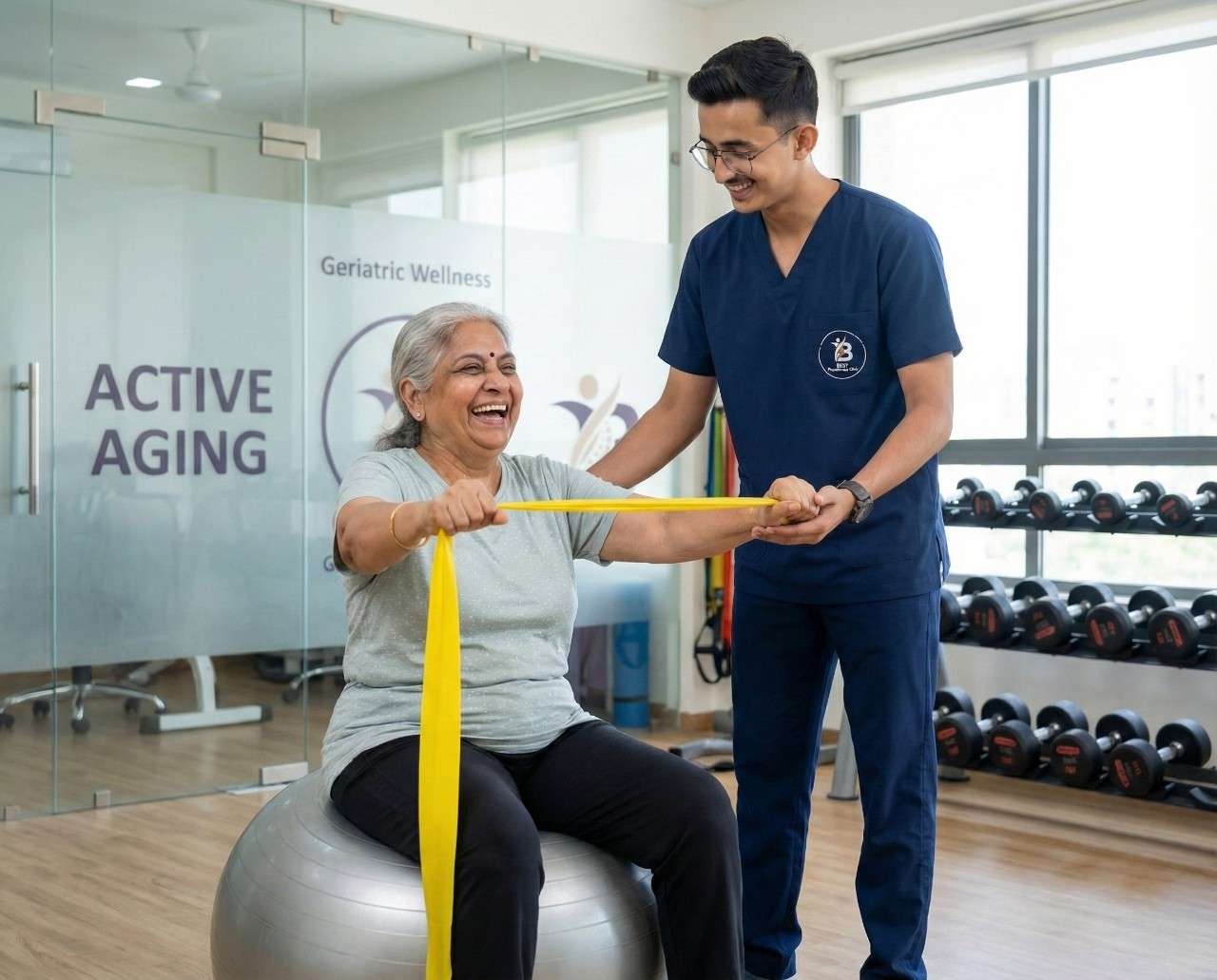 A senior patient doing seated resistance band exercise with a physiotherapist for geriatric strength.
