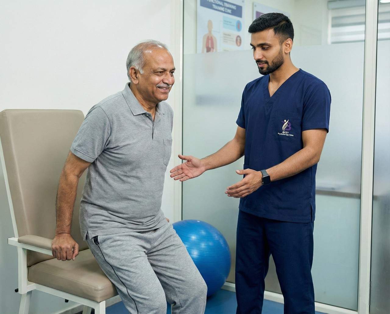 Senior male patient receiving mobility and balance training with a cane for walking after hip replacement
