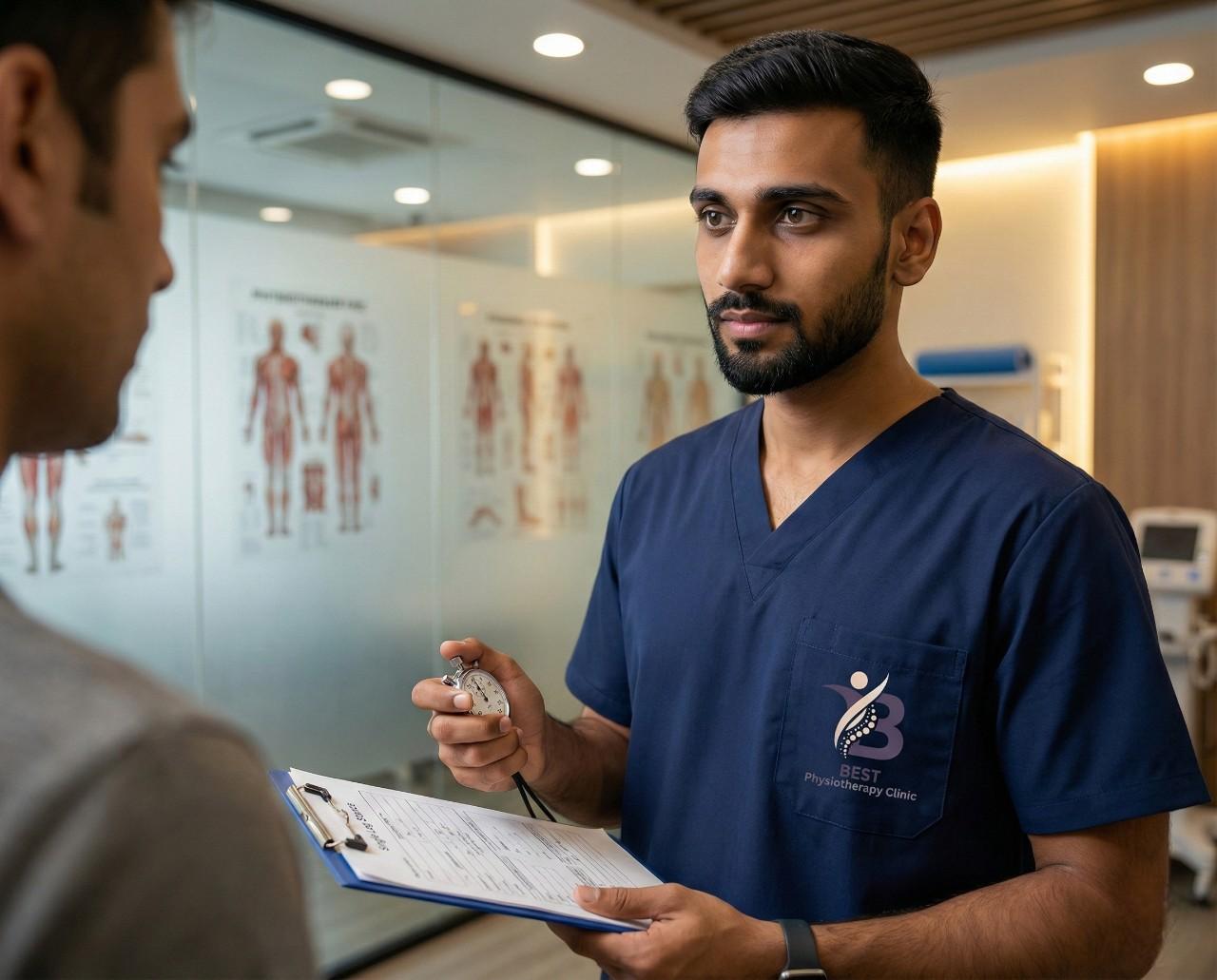 Dr. Sagar reviewing patient chart and holding a stopwatch for exercise assessment.