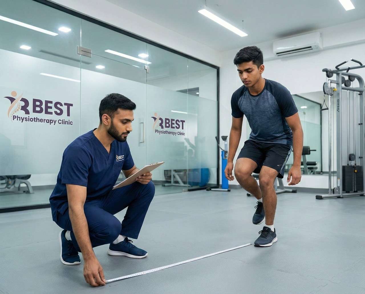 Physiotherapist assessing and correcting weight-bearing technique for gait training following ACL Reconstruction