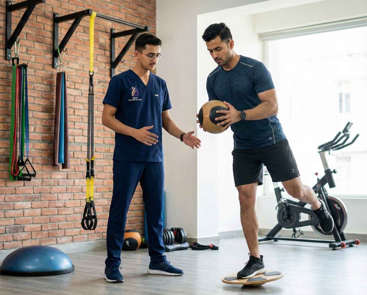 Functional rehabilitation exercise with medicine ball and balance board for sports injury recovery.
