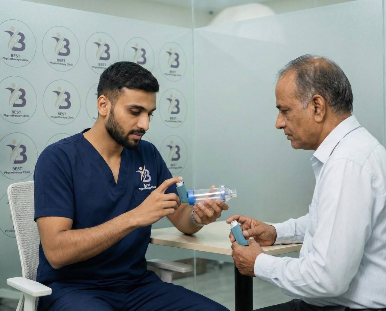 Physiotherapist performing chest physical therapy or postural drainage technique on an asthma patient for airway clearance