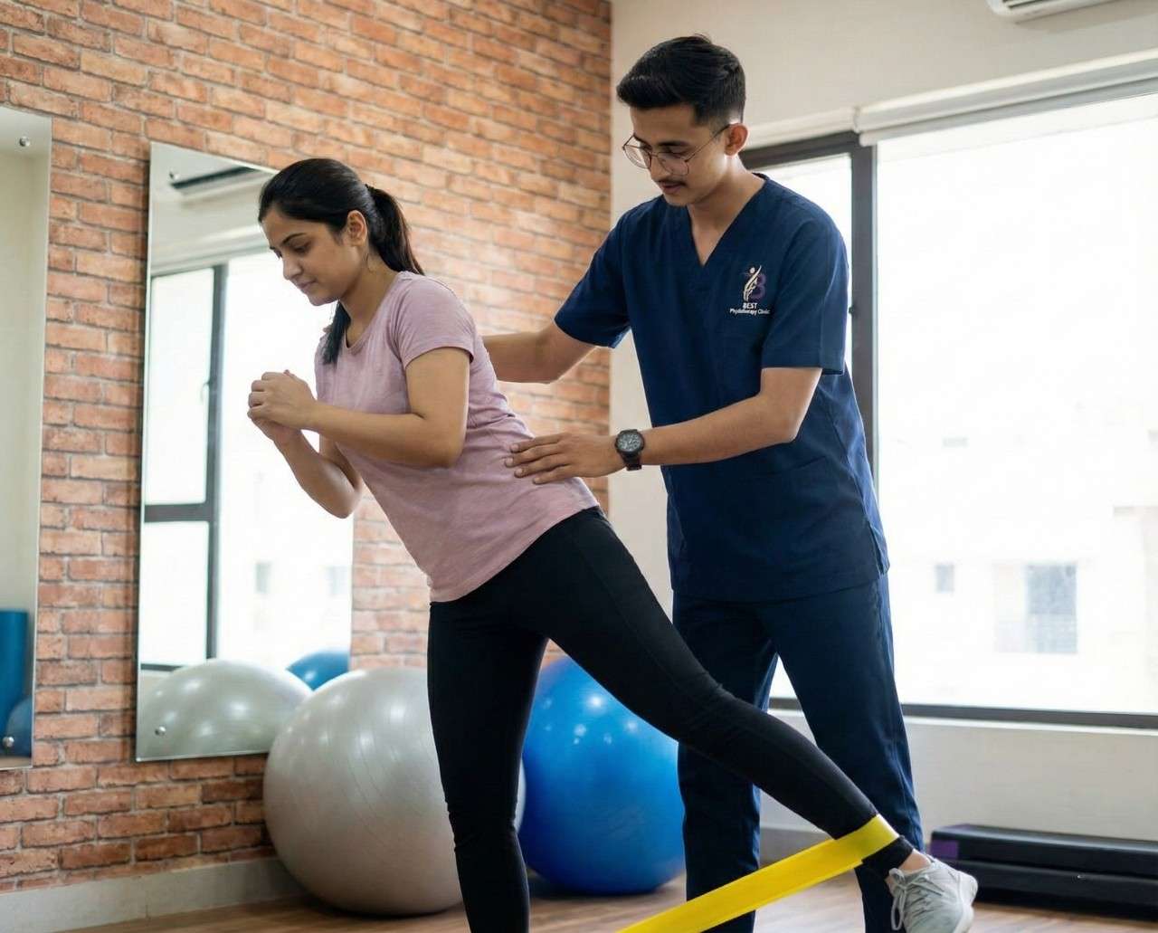 A physiotherapist assisting with a hip strengthening exercise using a resistance band for rehabilitation.
