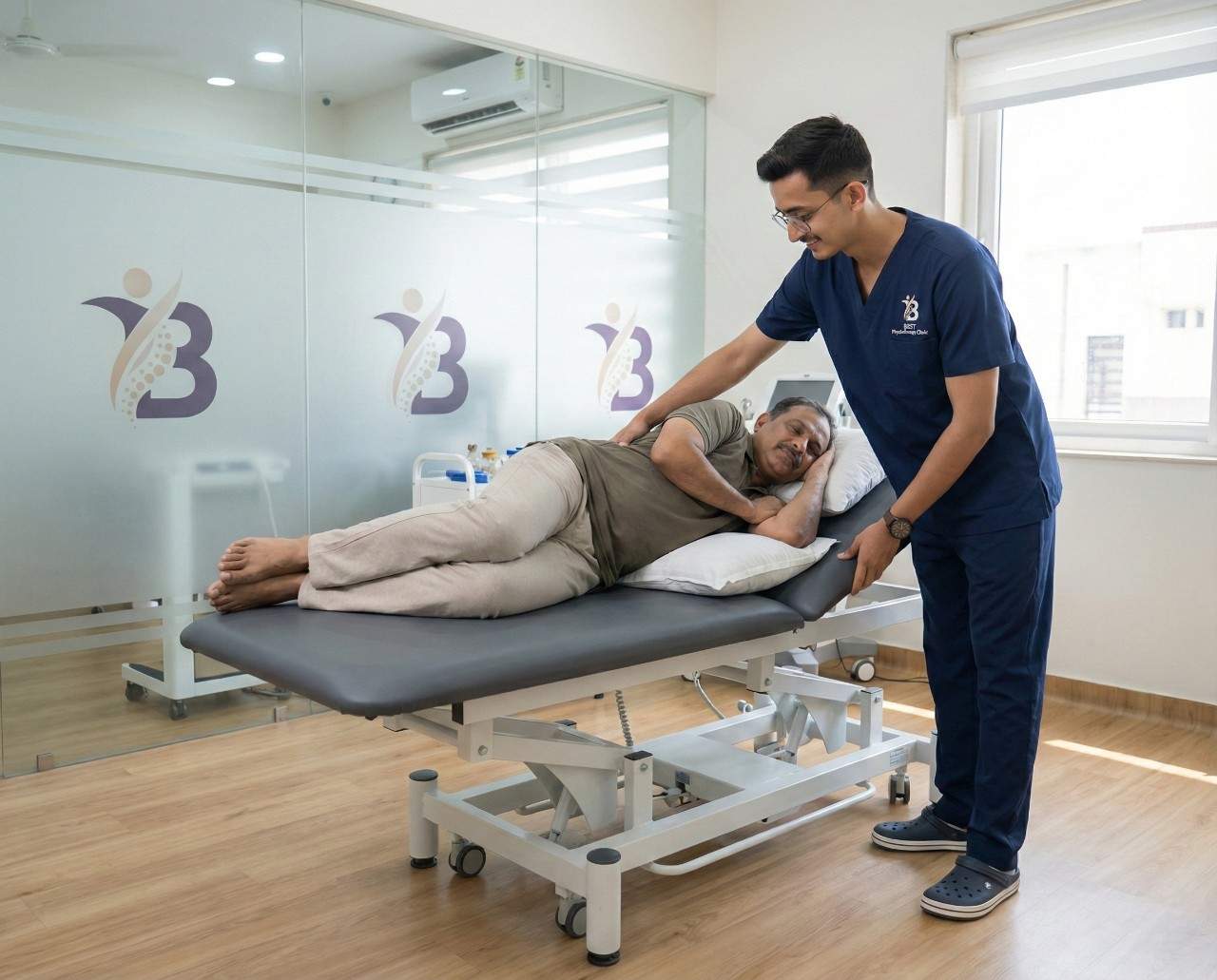 Physiotherapist instructing a bronchitis patient on proper breathing control techniques like pursed-lip breathing