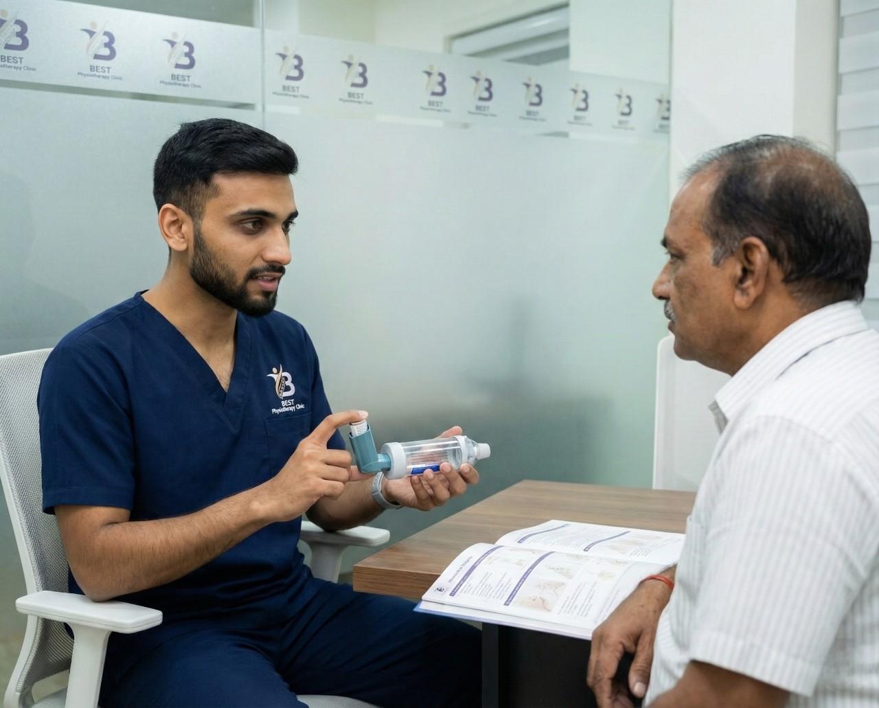 Physiotherapist performing chest percussion or positioning for airway clearance in a patient with COPD