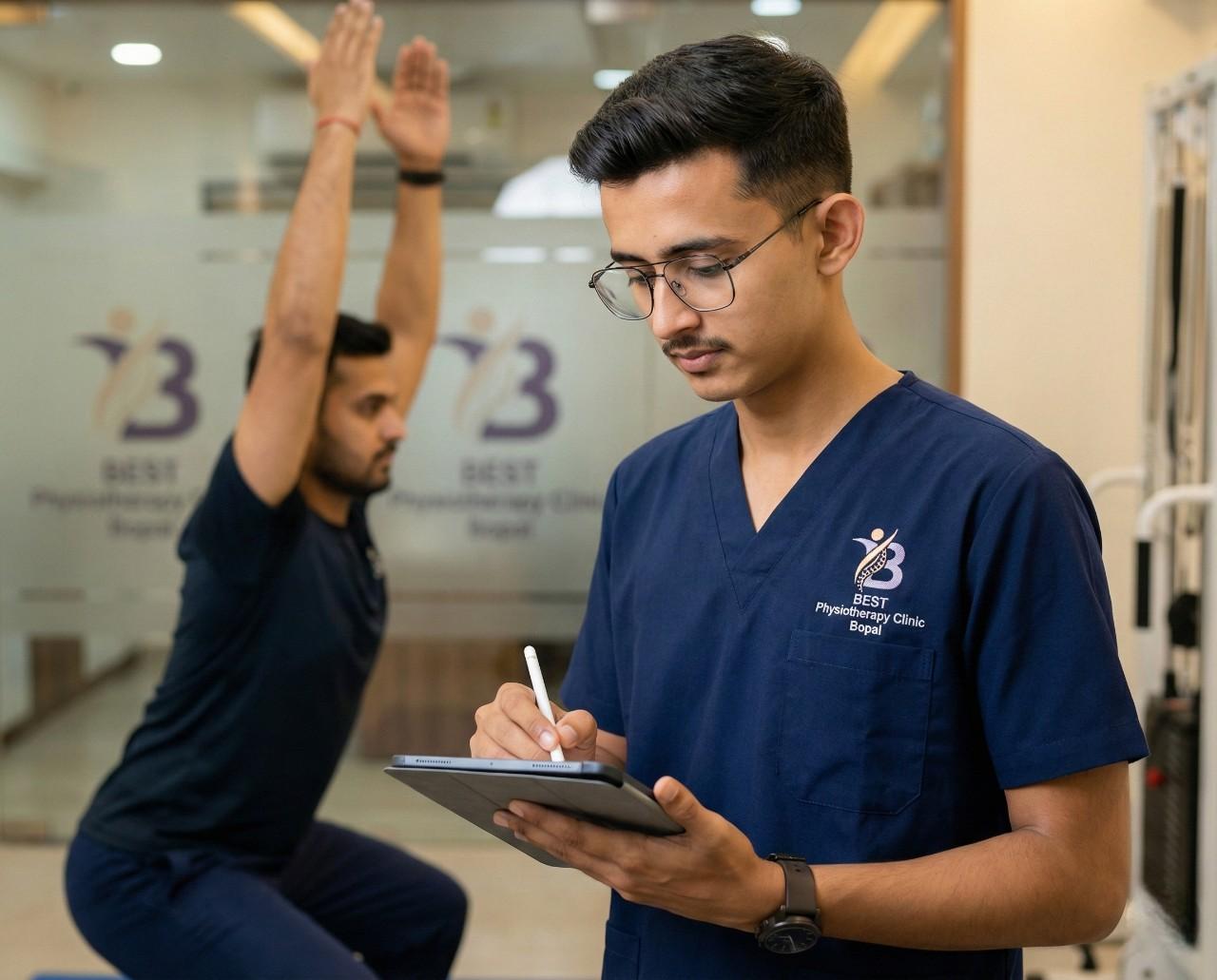 Dr. Kanaiya recording patient's squat form and functional assessment on a tablet.